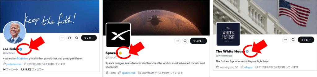 参考画像:バイデン元大統領は青バッジ、スペースX社は金バッジ、ホワイトハウスはグレーバッジを取得している。