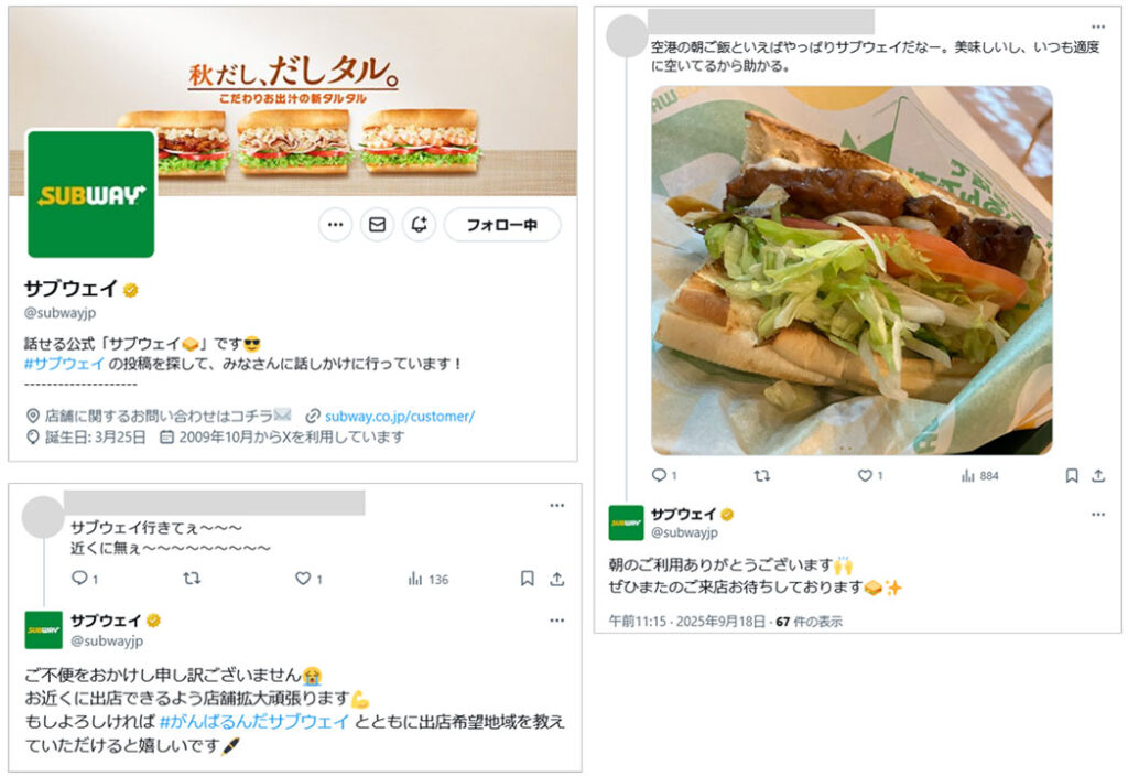 投稿画像:サブウェイ Japan(@subwayjp)のX(旧 Twitter)アカウントでは「アクティブコミュニケーション」が実施されています。サブウェイを食べた!という投稿に利用のお礼や、近所に店舗がないかたには、申し訳ない旨を伝え、ハッシュタグ「#がんばるんだサブウェイ」を入れて投稿もお願いしています。これをみた第三者ユーザーが、自身がサブウェイで飲食した際に投稿してみたくなります。