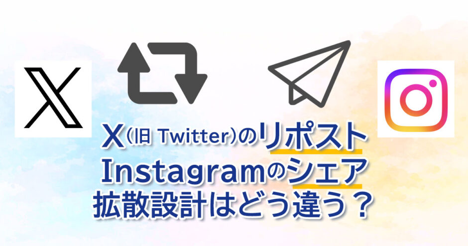 ヘッダータイトル画像：X（旧 Twitter）のリポストとInstagramのシェアの拡散設計はどう違う？：「公開拡散型」と「クローズド共有型」
