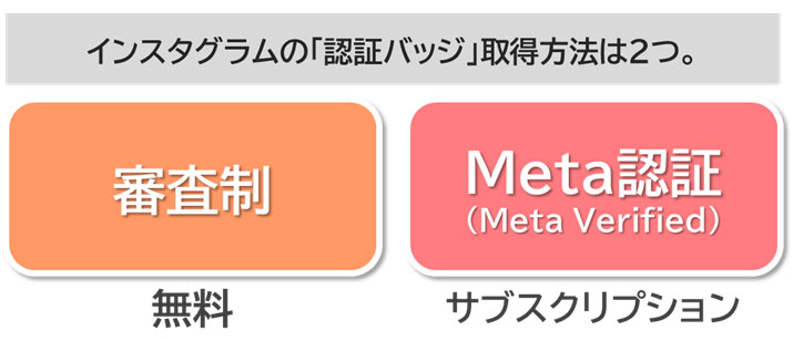 項目説明図：インスタグラムの認証バッジには２つの選びあがる。左「申請性（無料」右「 Meta認証（Meta Verified）」。無料はメリットがあるものの、 サブスクの有料で短期で認証バッジが得られるのもメリット。